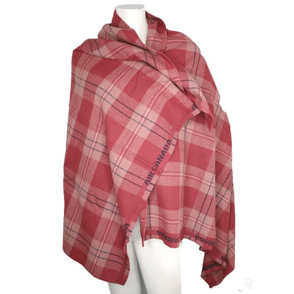 Vintage Air Canada Plaid Wool Blanket Red Checked Retro 70s Travel Red Pink Navy - Picture 5 of 9